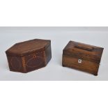 A 19th century mahogany squared lozenge shaped two-compartment tea caddy,