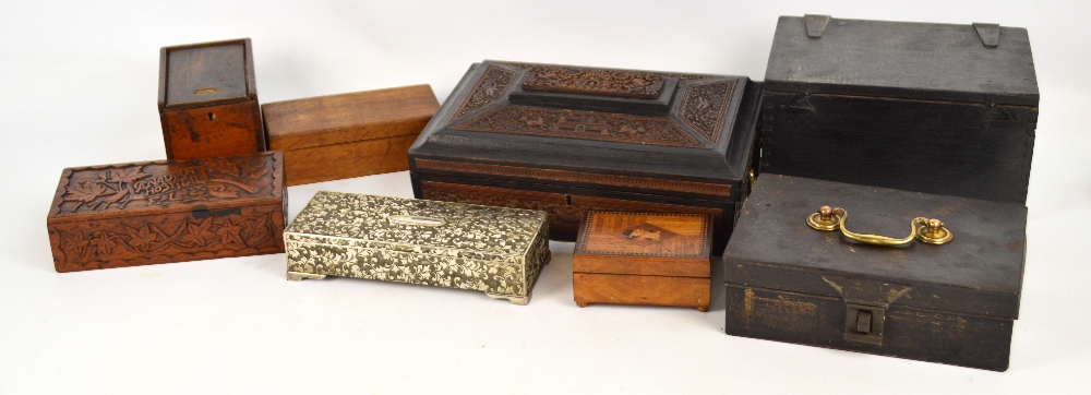 A collection of eight boxes including a 19th century six sectioned tin spice box,