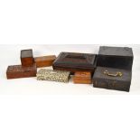 A collection of eight boxes including a 19th century six sectioned tin spice box,