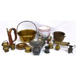 A collection of metalware to include pewter jugs, brass jam pan, copper and brass bugle, etc.