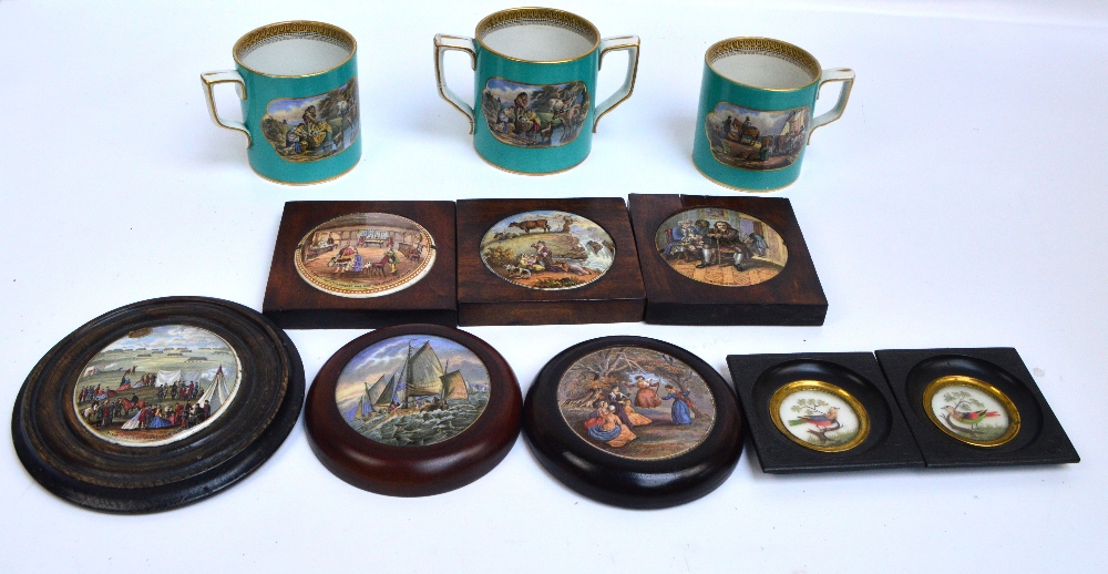 Six mid 19th century Staffordshire Pratt type pot lids; "Rifle Contest Wimbledon 1868",