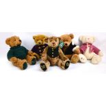 Five Harrods teddy bears comprising a "1849-1999" bear, length 51cm, three annual examples,