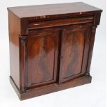 A Victorian flame mahogany chiffonier base with single pull-out frieze drawer above pair of