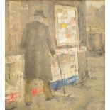 SHEILA TURNER; oil on board "Man Passing Noticeboard", signed and dated 1976, 30 x 25cm, framed.