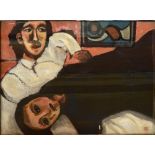 STEVEN GREEN; oil on board, couple reclining, signed with monogram and signed verso, 60 x 80cm,