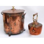 A copper cylindrical coal bin with cover, diameter 35cm, and a copper kettle (2).