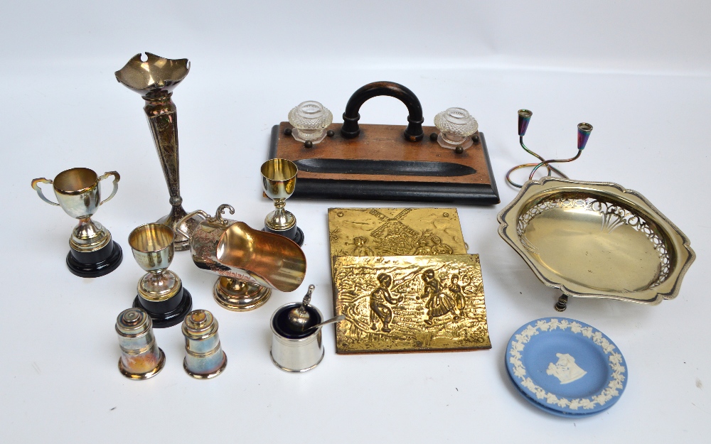 A late Victorian inkstand, a brass letter rack,