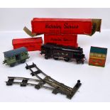 A quantity of boxed Hornby O gauge including a clockwork LMS locomotive (lacking key), track,