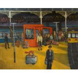 GEORGE HODGKINSON; oil on canvas "Railway Station", inscribed verso, 56 x 71cm,