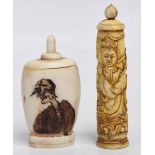 A late 19th/early 20th century Chinese carved bone scent bottle of cylindrical form depicting a
