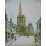 LAURENCE STEPHEN LOWRY (1887-1976); a limited edition coloured print, "Burford Church",