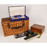 A Victorian rosewood and inlaid sewing/workbox with pull-out tray containing a collection of