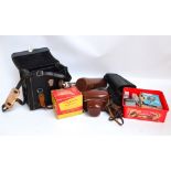 A small quantity of camera equipment including an Ilford Sportsman cased camera,