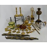 A quantity of metalware including Picquot Ware, brass trivet, lamp, companion stand, etc.