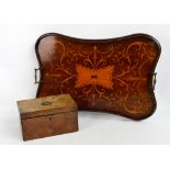 A rectangular mahogany three section tea caddy, each section with a hinged oval lid,
