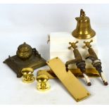 A small quantity of brass items comprising a vintage inkwell with ceramic liner,