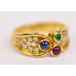 BOODLE & DUNTHORNE; an 18ct yellow gold diamond, ruby, sapphire and emerald ring,