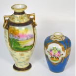 Two non-matching Noritake vases, a baluster twin handled vase with hand painted scene,