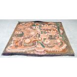 YINKA ADEYEMI (Nigerian 1941- ); a large green ground batik depicting a busy village scene,