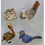 Four Royal Crown Derby paperweights, 'Brown Pelican' with gold stopper,