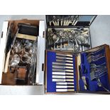 A quantity of silver plated items to include two cases of flatware, also an oak moneybox.