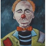 BRIAN BURGESS (1935-); an oil on board depicting a clown in costume, signed lower right, 50 x 43cm,