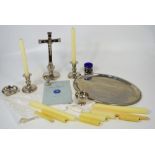 A white metal travelling Holy Communion set.