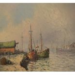 L.E. BEARN; fishing boats in a stormy harbour, 60 x 90cm, framed.