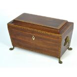 A 19th century rosewood inlaid sarcophagus tea caddy on paw feet and lion mask handles with