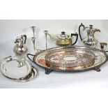 A quantity of silver plated items to include trays, a teapot etc.