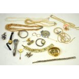 A quantity of costume jewellery and watches to include a pair of yellow metal Creole earrings,