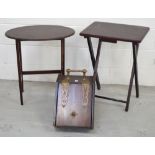 A late Victorian brass bound mahogany coal scuttle, two folding tables,