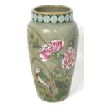 A Chinese celadon ground crackle glaze famille rose baluster vase decorated with swallows,