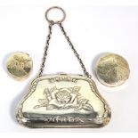 A George V hallmarked silver purse with chain, Birmingham 1929 and two pillboxes of differing sizes,