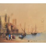 UNATTRIBUTED: a watercolour of an Arabian port with sailboats and figures,