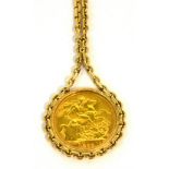 A Victorian full sovereign 1899 suspended on a 9ct gold chain terminating in a mount for the coin,