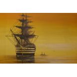 MICHAEL WHITEHAND; an oil on board depicting a lone masted ship on still waters at dawn,