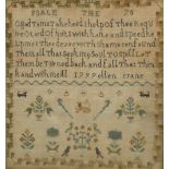 A late 18th century sampler, worked by Ellen Crane in 1799 with psalm 70 in text above a bird,