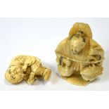 A Japanese Meiji period carved ivory netsuke modelled as a hunched figure, signed,