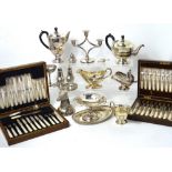 A quantity of silver plated items to include a twin handled Elkington tray, boxed cutlery, dishes,