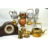 A quantity of metalware to include a heavy brass model of a dog, miniature brass candlesticks,