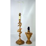 Two table lamps, one in the form of a flower stem and the other a small gilded baluster vase (2).