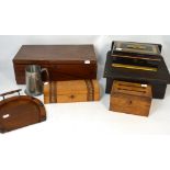 A vintage metal cash box, a 19th century glove box with silk lining,