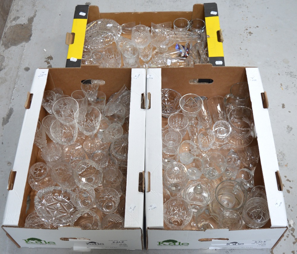 Three boxes of cut glass and crystal, mainly drinking glasses to include wine glasses,
