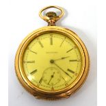 Waltham; a gold plated crown wind open face pocket watch,