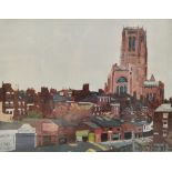 After David Shepherd; a signed print, 'Liverpool Cathedral Spring Morning', 39 x 49cm,