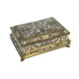 An unusual 19th century French rosewood, pewter, brass, mother of pearl and ivory inlaid workbox,