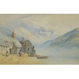 JOHN CALLOW (1822-1978); watercolour 'Lake Scene with Figures and Boats', unsigned,