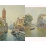 G ANOUSTI?; a matched pair of watercolours, Venetian scenes with figures in gondolas, both signed,