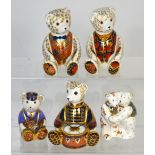 Five Royal Crown Derby teddy bears to include Schoolboy Teddy with gold stopper, Drummer Bear,